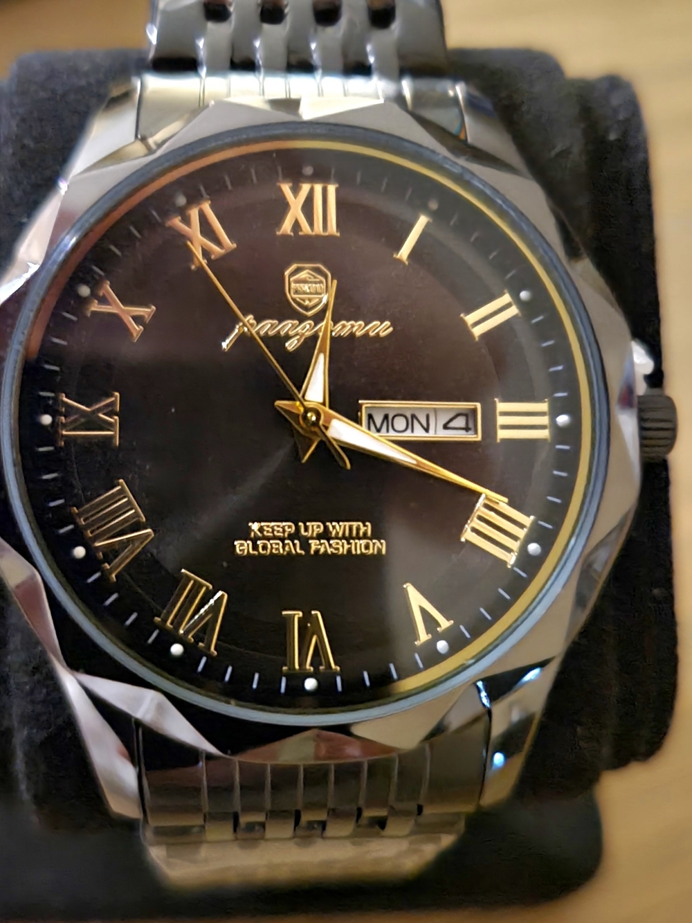 Men's Black & Gold Dress Watch with Day-Date Display
